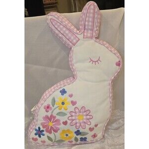 Farmhouse Rachel Ashwell Rabbit Bunny Shaped Pillow Pink Gingham Flowers Easter